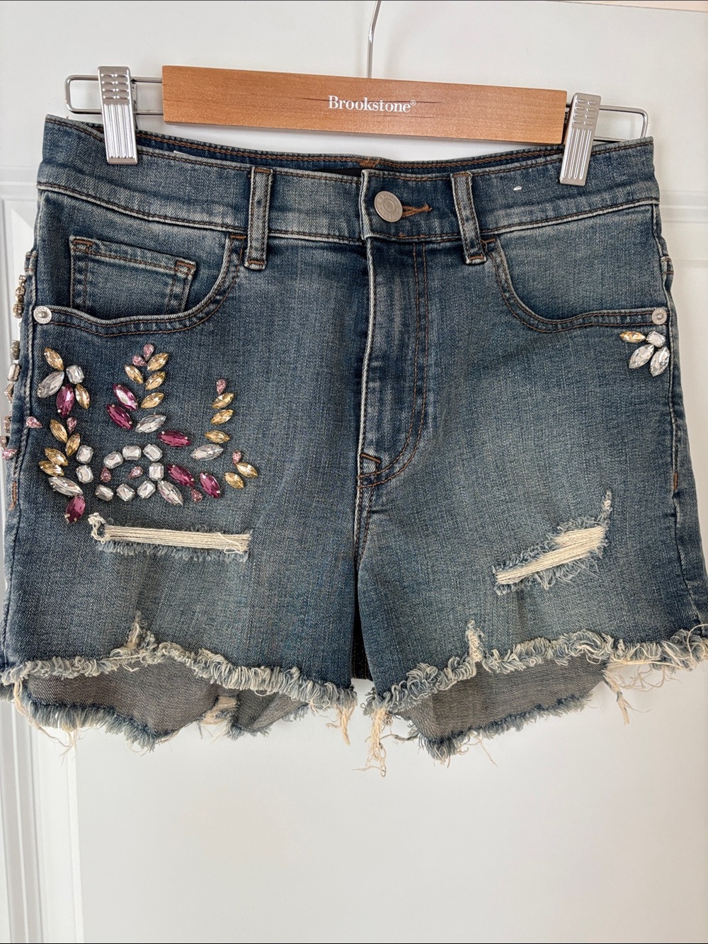 Express Blue Distressed Denim Shorts with Multicolor Jewel Accents